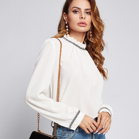 Tops - Ruffle Collar Fringe Tape Trim Top